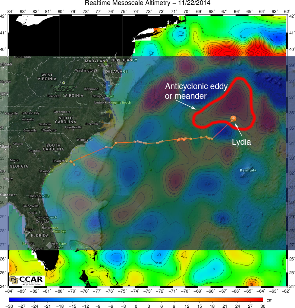 Lydia's track (starting Nov 4th and ending Nov 24th, 2014) overlaid on a map of sea level anomaly (often referred to as SSH, sea level height).